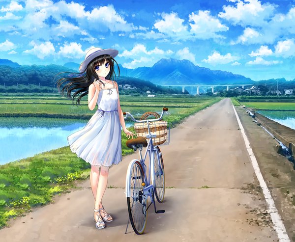 Anime picture 1000x823 with original kazuharu kina single long hair looking at viewer blush fringe black hair smile hair between eyes purple eyes sky cloud (clouds) full body outdoors wind crossed legs (standing) girl dress plant (plants)