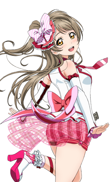 Anime picture 672x1100 with love live! school idol project love live! school idol festival sunrise (studio) love live! minami kotori single long hair tall image looking at viewer blush open mouth brown hair standing yellow eyes looking back official art one side up standing on one leg transparent background girl