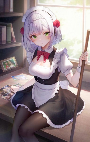 Anime picture 2480x3906 with genshin impact lumine (genshin impact) noelle (genshin impact) lightria single tall image fringe highres short hair sitting green eyes silver hair indoors from above light smile maid girl uniform headdress window