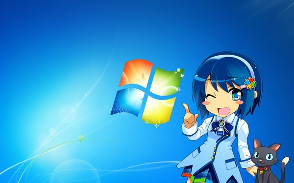 Anime picture 1920x1200 with os-tan windows (operating system) windows 7 madobe nanami single looking at viewer highres short hair open mouth blue eyes wide image blue hair long sleeves blue background chibi ;d blush stickers girl animal hairband