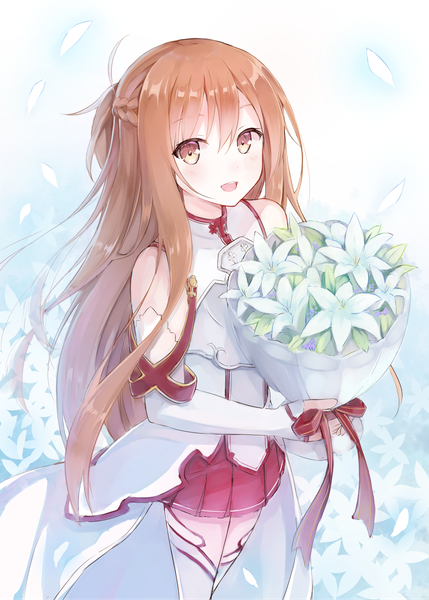 Anime picture 1036x1450 with sword art online a-1 pictures yuuki asuna .com single long hair tall image looking at viewer open mouth smile brown hair holding brown eyes braid (braids) :d pleated skirt half updo girl dress skirt