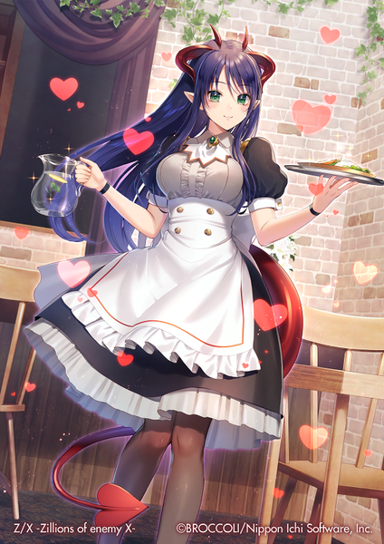 Anime picture 566x800 with z/x zillions of enemy x tagme (character) momoshiki tsubaki single long hair tall image blush fringe breasts smile hair between eyes standing holding green eyes payot purple hair indoors tail horn (horns) pointy ears