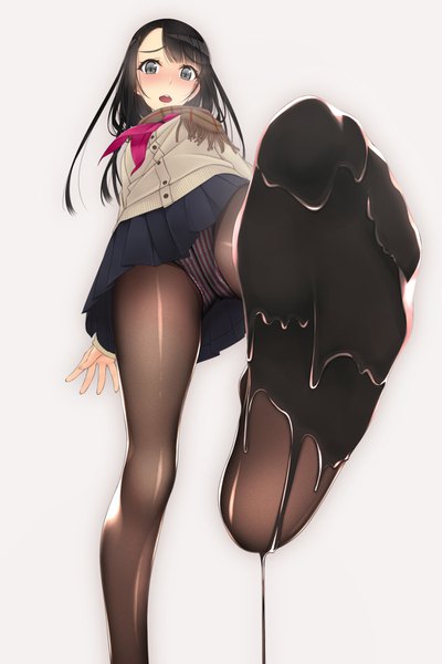Anime picture 1000x1500 with original murakami suigun single long hair tall image looking at viewer blush fringe open mouth light erotic black hair simple background standing white background pleated skirt from below grey eyes standing on one leg leg lift (legs lift) pov feet