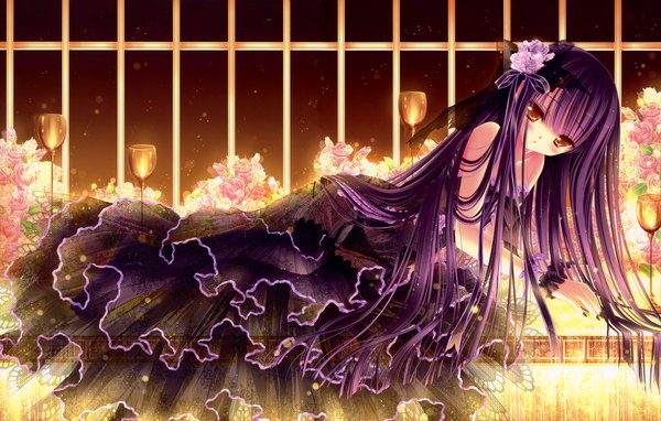 Anime picture 5690x3625 with original tinker bell single long hair looking at viewer blush highres open mouth bare shoulders absurdres purple hair nail polish hair flower orange eyes loli transparent girl hair ornament flower (flowers) ribbon (ribbons)