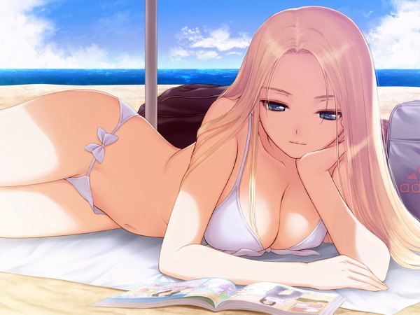 Anime picture 1200x900 with fault!! adidas date wingfield reiko tony taka single long hair breasts blue eyes light erotic blonde hair smile large breasts game cg sky cloud (clouds) lying light smile sunlight shadow beach