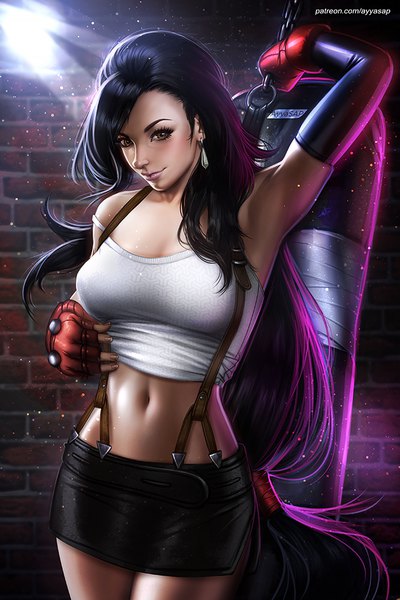 Anime picture 667x1000 with final fantasy final fantasy vii square enix tifa lockhart ayyasap single long hair tall image looking at viewer fringe light erotic black hair smile standing holding brown eyes signed sunlight realistic armpit (armpits)