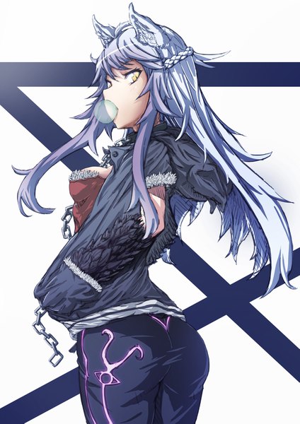 Anime picture 2894x4093 with fate (series) fate/grand order atalanta (fate) atalanta (alter) (fate) four seasons beauty single long hair tall image looking at viewer fringe highres simple background white background animal ears yellow eyes silver hair purple hair ass braid (braids) looking back