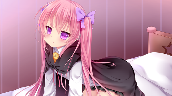 Anime picture 1111x624 with original nachi single long hair looking at viewer wide image purple eyes twintails pink hair girl skirt bow hair bow shirt bed cape