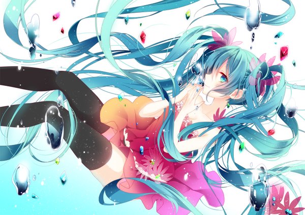 Anime picture 1506x1062 with vocaloid hatsune miku naoto (tulip) single long hair looking at viewer blush smile twintails bare shoulders aqua eyes aqua hair underwater girl thighhighs dress black thighhighs heart bubble (bubbles) crystal
