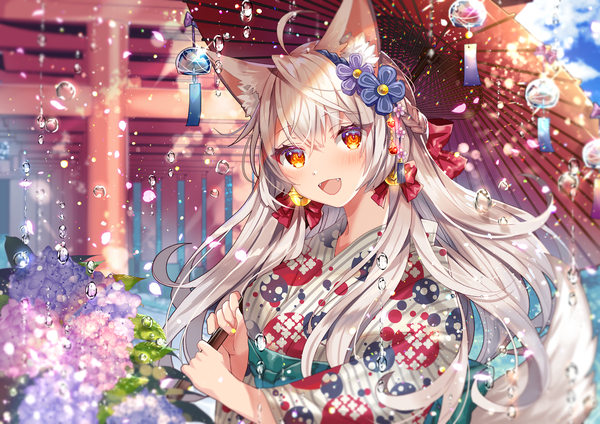 Anime-Bild 1412x1000 mit original shione (memento forest) single long hair looking at viewer blush open mouth animal ears silver hair upper body ahoge outdoors traditional clothes :d japanese clothes orange eyes fang (fangs) rain half updo girl