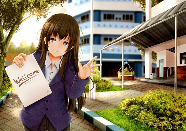 Anime picture 800x566 with original kirimatsu single long hair looking at viewer fringe smile brown hair standing holding upper body sunlight inscription grey eyes leaning text english girl plant (plants) tree (trees)