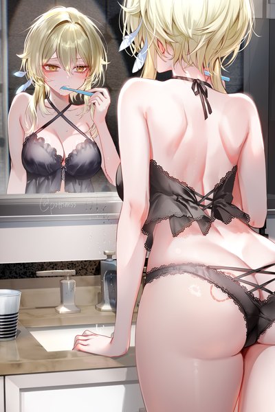 Anime picture 2400x3600 with genshin impact lumine (genshin impact) pottsness single tall image blush fringe highres short hair breasts light erotic blonde hair hair between eyes large breasts standing bare shoulders holding signed yellow eyes looking away