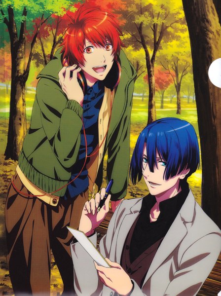 Anime picture 1691x2263 with uta no prince-sama a-1 pictures hijirikawa masato ittoki otoya mori mitsue tall image looking at viewer short hair open mouth blue eyes smile standing sitting blue hair red hair open clothes open jacket official art multiple boys orange eyes
