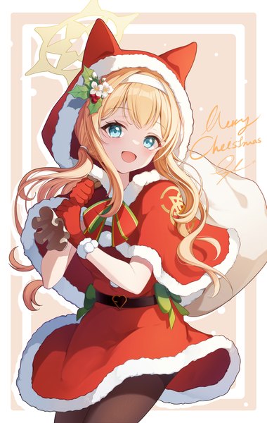 Anime picture 2400x3786 with blue archive mari (blue archive) gyeou lee single long hair tall image fringe highres open mouth blue eyes blonde hair hair between eyes twintails looking away :d hair flower low twintails border christmas outside border