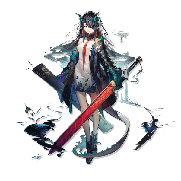 Anime picture 2048x2048 with arknights dusk (arknights) huanxiang heitu single long hair looking at viewer fringe highres black hair red eyes standing holding full body tail horn (horns) pointy ears hair over one eye official art transparent background dragon girl