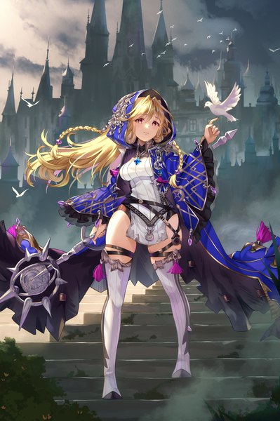 Anime picture 1399x2105 with final fantasy final fantasy brave exvius square enix calder (pixiv3698273) single long hair tall image looking at viewer blush fringe breasts blonde hair hair between eyes red eyes standing holding cloud (clouds) full body outdoors braid (braids)
