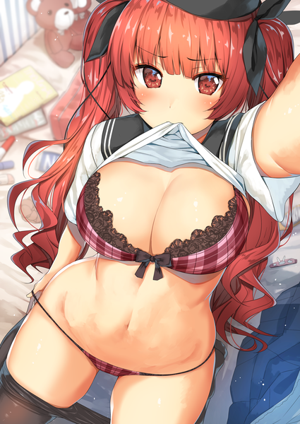 Anime picture 2508x3541 with azur lane honolulu (azur lane) body mahattaya ginga single long hair tall image looking at viewer blush fringe highres breasts light erotic red eyes large breasts sitting twintails holding payot cleavage red hair