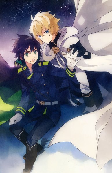 Anime picture 646x1000 with owari no seraph wit studio hyakuya yuuichirou hyakuya mikaela takerusilt tall image looking at viewer fringe short hair open mouth blue eyes black hair blonde hair hair between eyes green eyes night multiple boys night sky military boy