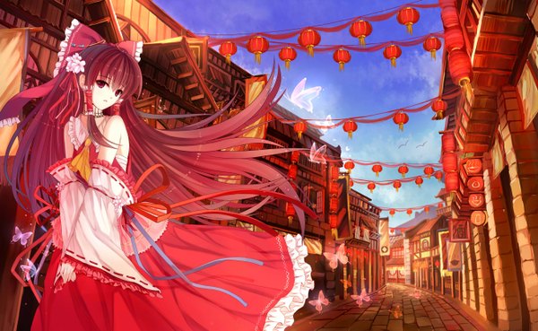 Anime picture 2680x1650 with touhou hakurei reimu bai kongque (shirokujaku) single long hair highres red eyes brown hair wide image bare shoulders traditional clothes hair flower miko girl hair ornament flower (flowers) bow hair bow detached sleeves frills