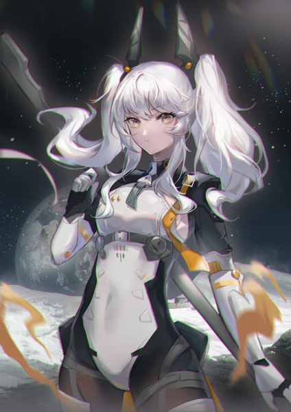 Anime picture 2480x3508 with punishing: gray raven karenina (punishing: gray raven) fiber single long hair tall image looking at viewer fringe highres hair between eyes standing twintails holding brown eyes white hair official art floating hair space girl moon