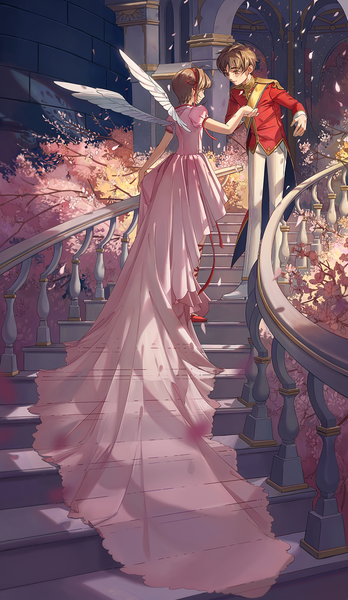Anime picture 800x1376 with card captor sakura clamp kinomoto sakura li xiaolang cp .ieng tall image short hair brown hair standing brown eyes profile light smile wind sunlight leaning leaning forward couple cherry blossoms back holding hands