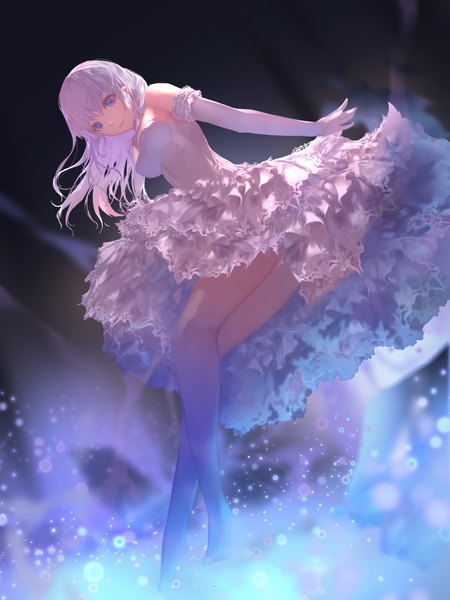 Anime picture 825x1100 with original jname single long hair tall image looking at viewer breasts blue eyes bare shoulders white hair dark background girl dress gloves elbow gloves frills white gloves white dress