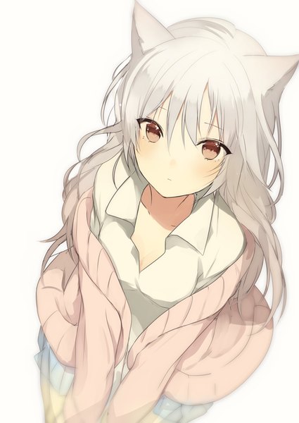 Anime picture 600x847 with original lpip single long hair tall image looking at viewer blush fringe simple background white background sitting brown eyes animal ears long sleeves from above grey hair cat ears cat girl open collar expressionless