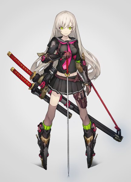 Anime picture 1000x1388 with original yucca-612 (neco) single long hair tall image looking at viewer simple background green eyes grey hair grey background girl thighhighs skirt gloves uniform weapon miniskirt sword serafuku necktie