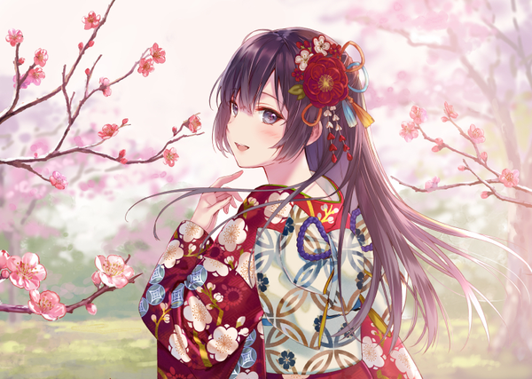Anime picture 800x570 with original fukahire (ruinon) single long hair looking at viewer blush fringe open mouth blue eyes black hair smile hair between eyes payot outdoors traditional clothes :d japanese clothes looking back wind from behind