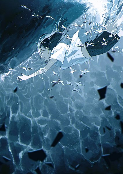 Anime picture 845x1197 with original sumiobunnya single long hair tall image black hair looking away parted lips profile pleated skirt night night sky outstretched arm underwater girl skirt uniform school uniform animal water