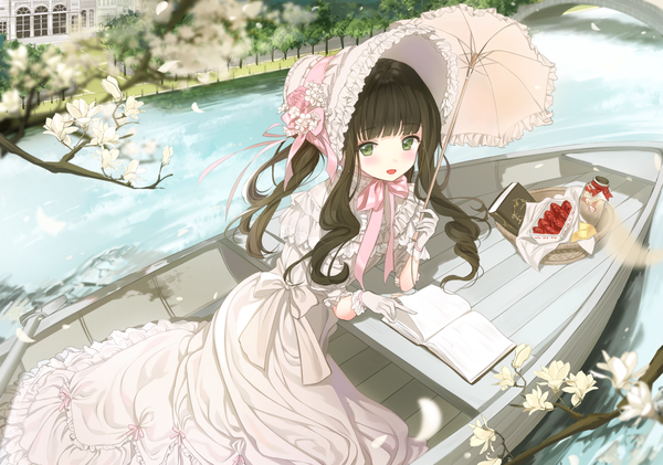 Anime picture 1412x993 with original haruri single long hair blush fringe open mouth brown hair holding green eyes payot outdoors blunt bangs from above lolita fashion river girl gloves flower (flowers) ribbon (ribbons)