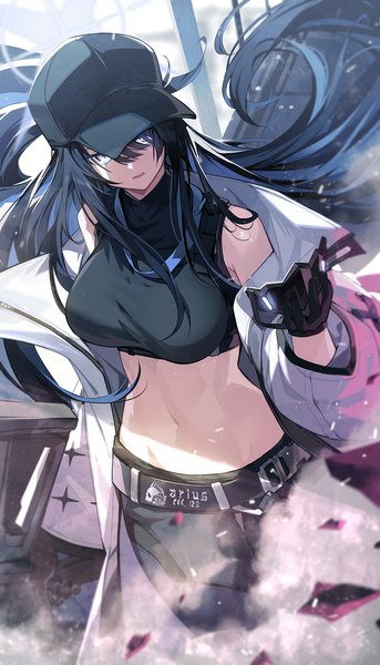 Anime picture 1000x1750 with blue archive saori (blue archive) goomrrat single long hair tall image looking at viewer fringe open mouth black hair standing bare shoulders holding multicolored hair from above off shoulder open jacket midriff floating hair smoke