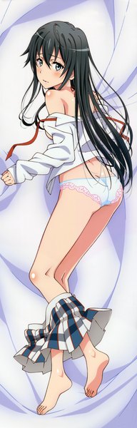 Anime picture 2134x6656 with yahari ore no seishun love comedy wa machigatteiru. brains base (studio) yukinoshita yukino tanaka yuuichi single long hair tall image blush highres blue eyes light erotic black hair open shirt dakimakura (medium) girl underwear panties shirt white panties