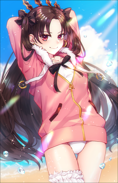 Anime picture 775x1200 with fate (series) fate/grand order ishtar (fate) ishtar (swimsuit rider) (fate) peta (snc7) single long hair tall image looking at viewer light erotic black hair smile red eyes sunlight two side up arms behind head sunbeam swimsuit under clothes girl bow