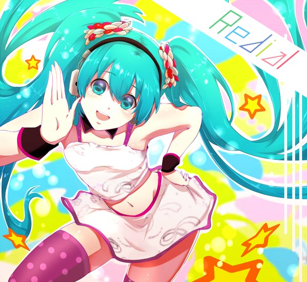 Anime picture 1500x1380 with vocaloid redial (vocaloid) hatsune miku phino (jinko0094) single long hair looking at viewer blush open mouth smile twintails bare shoulders aqua eyes aqua hair teeth bare belly hand on hip polka dot girl thighhighs
