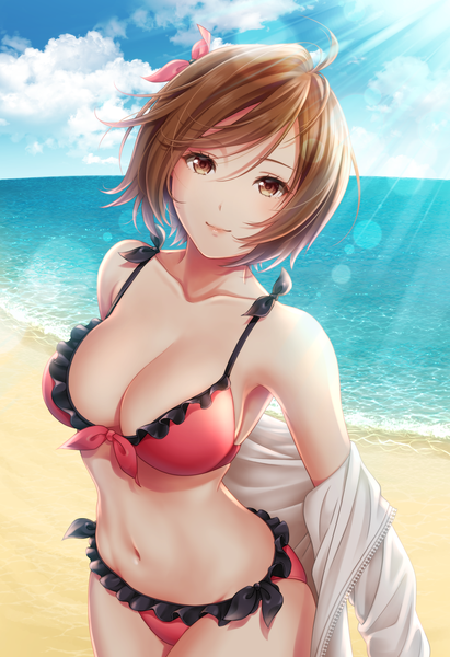 Anime picture 1488x2172 with vocaloid meiko asami (undoundo) single tall image looking at viewer blush fringe short hair breasts light erotic hair between eyes brown hair large breasts standing brown eyes sky cleavage cloud (clouds) ahoge