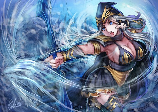 Anime picture 1000x707 with league of legends ashe (league of legends) qblade (artist) single long hair breasts open mouth blue eyes light erotic large breasts grey hair shot girl weapon hood bow (weapon) arrow (arrows)