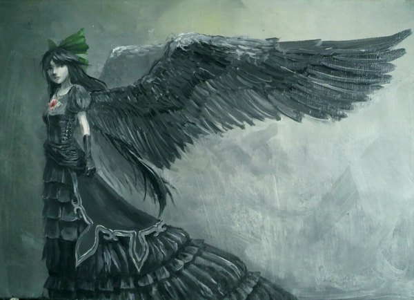 Anime picture 1054x763 with touhou reiuji utsuho black hair girl dress gloves bow wings elbow gloves