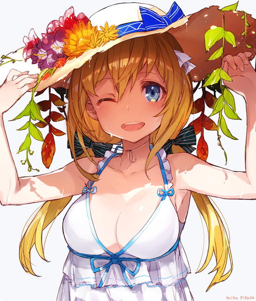 Anime picture 1106x1300 with original mika pikazo single long hair tall image looking at viewer fringe breasts open mouth light erotic simple background blonde hair smile hair between eyes large breasts white background purple eyes twintails bare shoulders signed