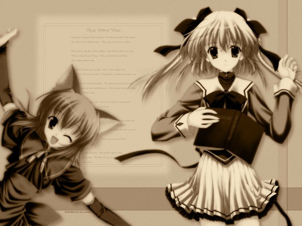 Anime picture 1600x1200 with nanao naru looking at viewer short hair blonde hair smile brown hair multiple girls brown eyes signed animal ears long sleeves pleated skirt cat girl text english third-party edit girl thighhighs skirt uniform