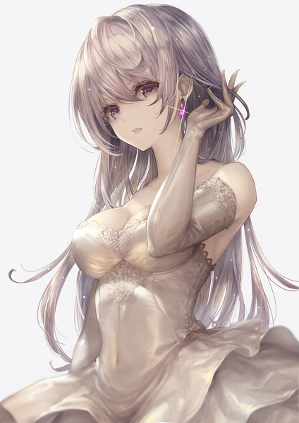 Anime picture 5658x8000 with original tachikawa mushimaro (bimo) single long hair tall image looking at viewer fringe highres breasts simple background hair between eyes large breasts standing white background absurdres cleavage upper body parted lips arm up grey hair