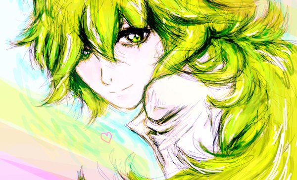 Anime picture 1283x782 with pokemon pokemon black and white nintendo n (pokemon) single long hair looking at viewer fringe smile wide image green eyes looking back green hair hair over one eye face boy
