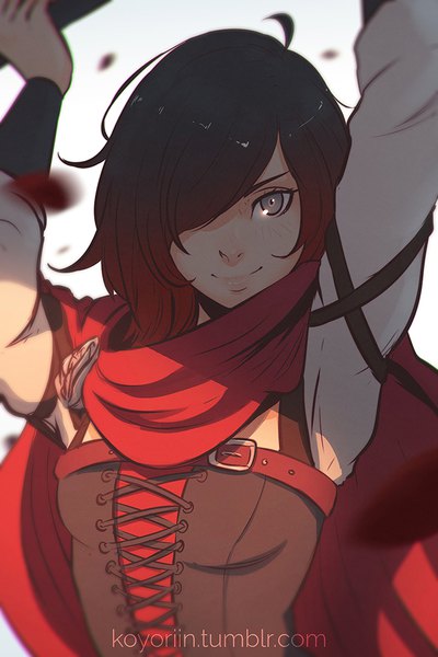 Anime picture 683x1024 with rwby rooster teeth ruby rose koyoriin single tall image looking at viewer fringe short hair breasts black hair simple background smile ahoge hair over one eye arms up grey eyes watermark girl corset
