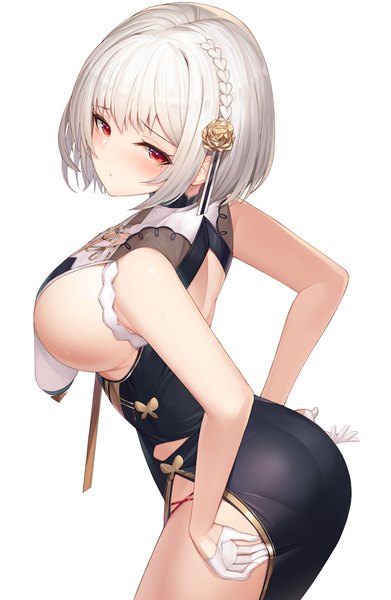 Anime picture 1200x1840 with azur lane sirius (azur lane) sirius (azure horizons) (azur lane) btraphen single tall image blush fringe short hair breasts light erotic simple background red eyes large breasts ass white hair braid (braids) traditional clothes looking back from above