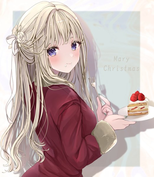 Anime picture 1800x2070 with original puracotte single long hair tall image looking at viewer blush highres blonde hair smile purple eyes upper body nail polish shadow border christmas outside border merry christmas food on face girl