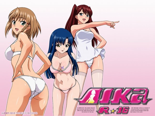 Anime picture 1600x1200 with agent aika aika r-16 sumeragi aika shinkai eri minamino karen long hair highres short hair light erotic brown hair blue hair red hair scan underwear only underwear panties shingai eri