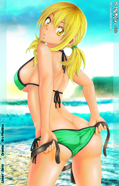 Anime picture 1420x2206 with fairy tail lucy heartfilia d-prodi3y single tall image light erotic blonde hair yellow eyes sky cloud (clouds) looking back coloring girl swimsuit bikini water sea