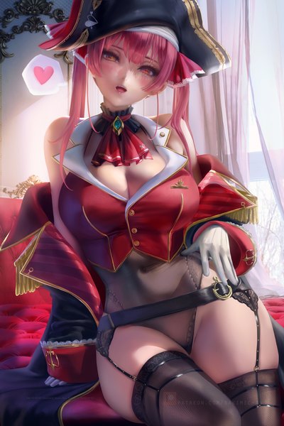 Anime picture 2400x3600 with virtual youtuber hololive houshou marine houshou marine (1st costume) sakimichan single long hair tall image looking at viewer blush fringe highres breasts open mouth light erotic red eyes large breasts sitting twintails bare shoulders