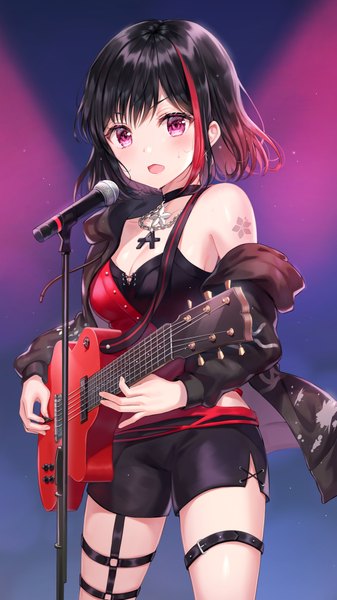 Anime picture 2387x4252 with bang dream! mitake ran tokkyu single tall image looking at viewer blush fringe highres short hair breasts open mouth black hair hair between eyes standing purple eyes bare shoulders holding cleavage red hair