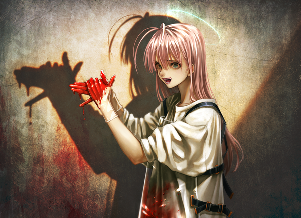 Anime picture 1899x1378 with original makurao single long hair looking at viewer fringe highres open mouth hair between eyes standing green eyes payot pink hair upper body ahoge teeth shadow light against wall bloody clothes